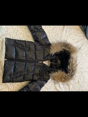 Moncler Black Puffer Coat with Fur-Trim Hood